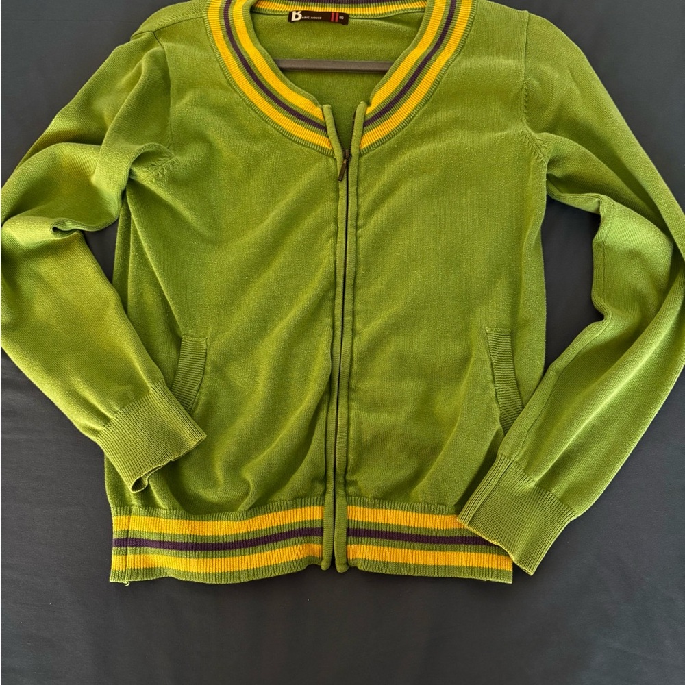 Vibrant Green Varsity Jacket with Yellow Stripes